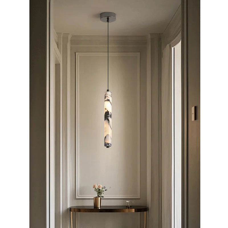 Luxury Stone Cylinder Pendant Lamp – High-End LED Chandelier for Bedroom & Living Room