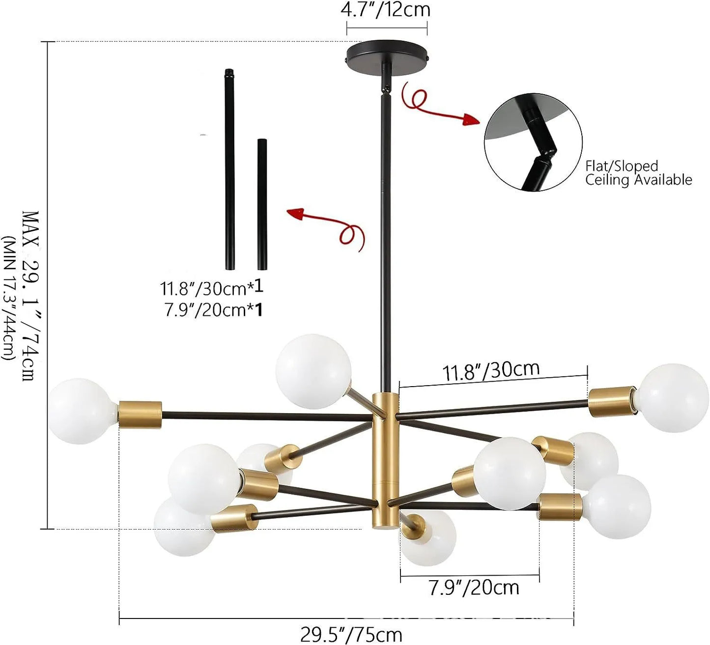 Multi-Head Chandelier – Modern Gold & Black LED Ceiling Light for Living & Dining Room