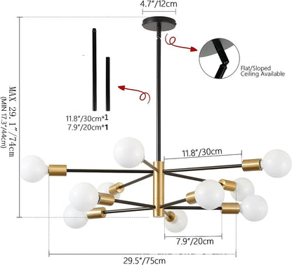 Multi-Head Chandelier – Modern Gold & Black LED Ceiling Light for Living & Dining Room