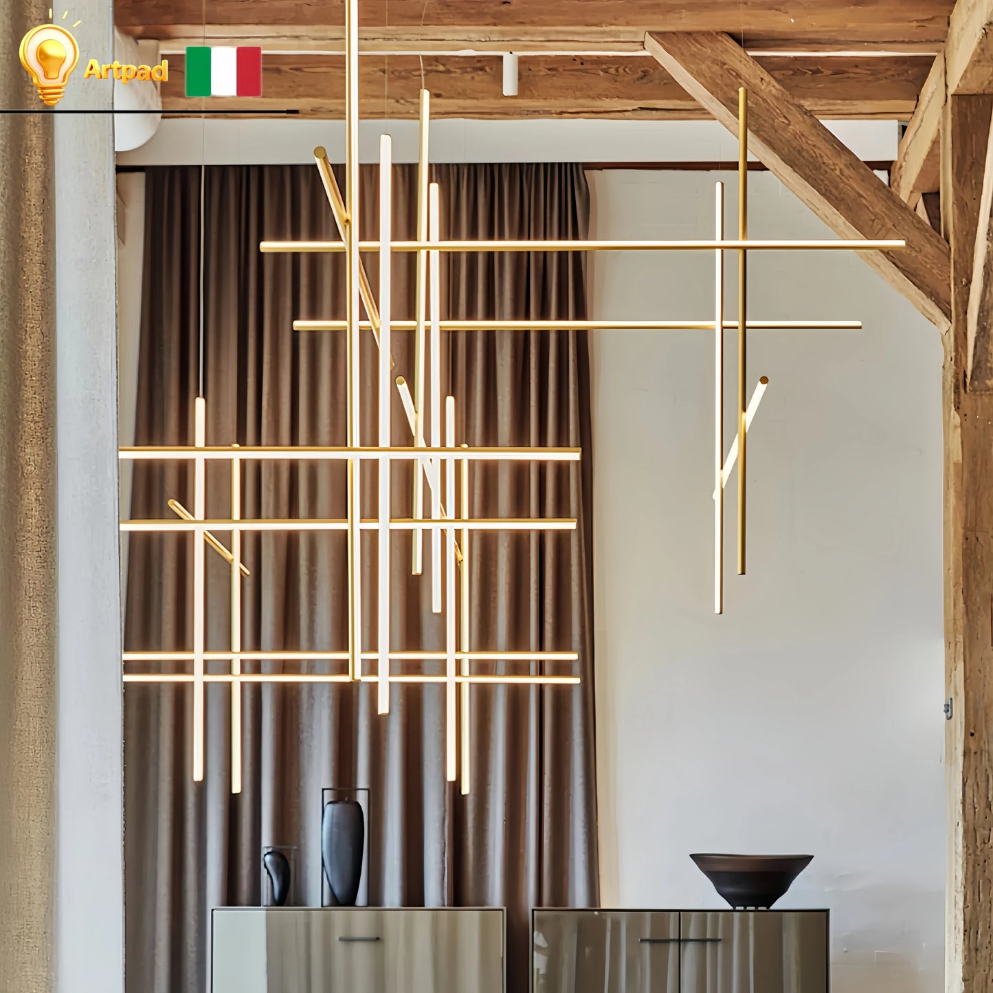 Italian Designer Tube Chandelier – Post-Modern LED Gold & Chrome Pendant Light