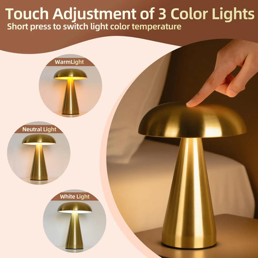 Retro Mushroom LED Table Lamp – Rechargeable Touch Bedside Light