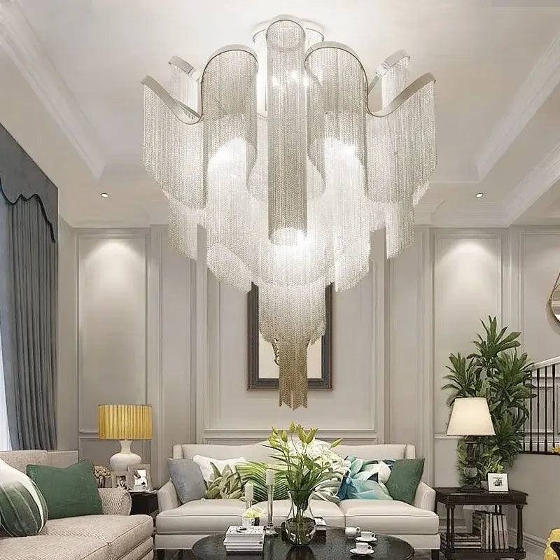Floral Tassel Staircase Chandelier – Grand LED Pendant for Villa & Duplex Spaces