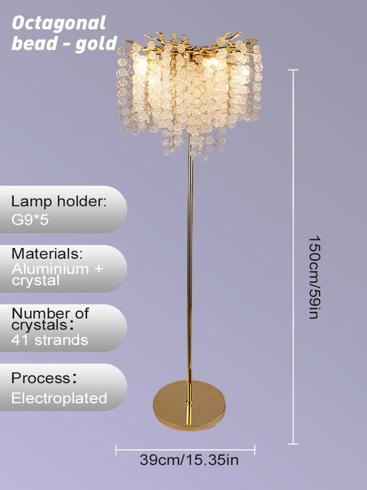 Nordic Luxury Crystal Floor Lamp - Modern Gold LED Stand Light for Living Room & Bedroom | Indoor Decor Lighting Fixture