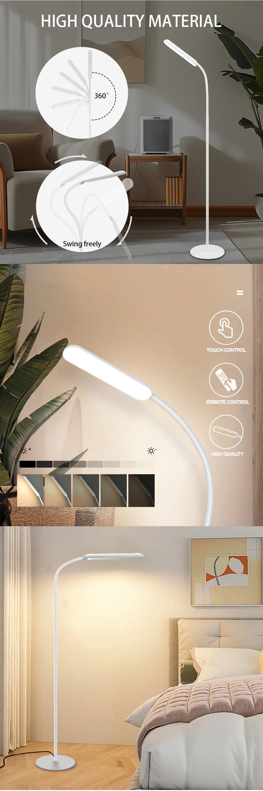 LED Floor Lamp For Living Room Adjustable Gooseneck Stand Light Remote Dimmable Indoor Bedroom Standing Reading Work Light