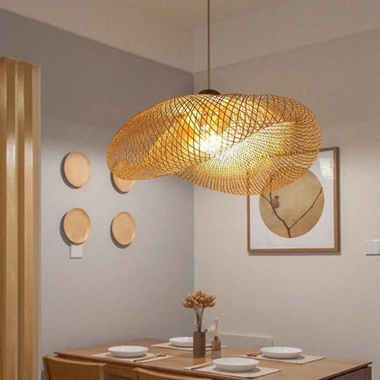 Handwoven Bamboo Pendant Chandelier – Vintage LED Ceiling Light for Dining & Living Room