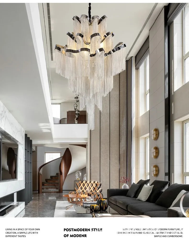 Floral Tassel Staircase Chandelier – Grand LED Pendant for Villa & Duplex Spaces