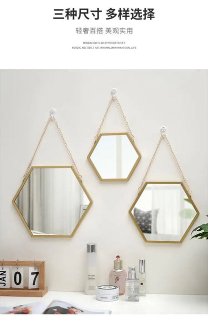 Nordic Iron Hexagonal Wall-mounted Mirror for Bathroom, Dormitory, Washbasin, Wall-mounted Makeup Mirror