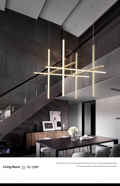 Italian Designer Tube Chandelier – Post-Modern LED Gold & Chrome Pendant Light
