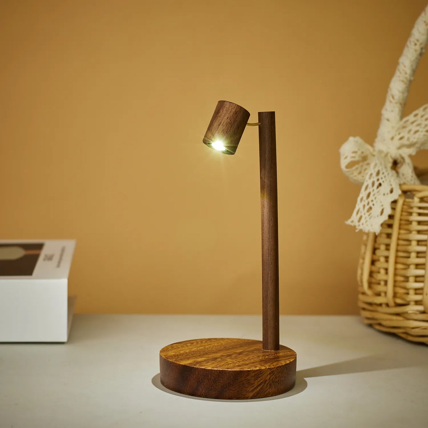 Wooden Retro Table Lamp – Walnut LED Night Light with Rotary Switch for Bedroom & Desk