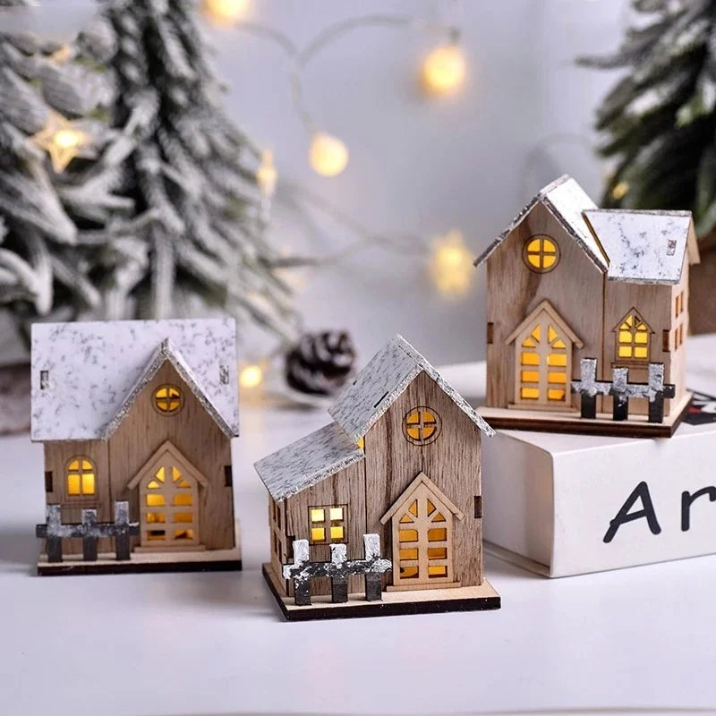 Casa de madera de luz LED navideña cabina luminosa decoraciones de Feliz Navidad para el hogar adornos de árbol de Navidad DIY regalos de niños Año Nuevo