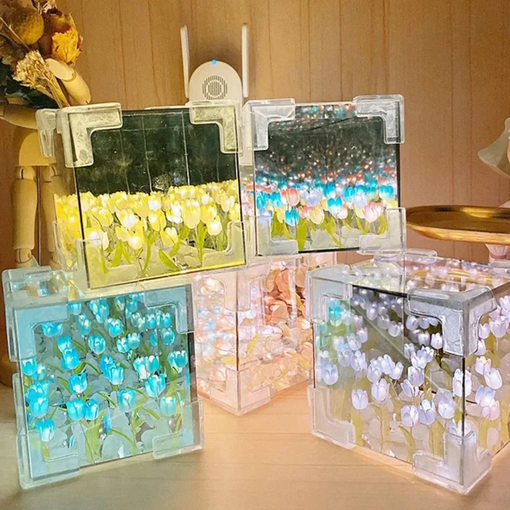 NEW Creative Diy Tulip Flower Sea Cube Three-Dimensional Small Night Lamp Material Package for Girlfriend Couple Girlfriend Gift