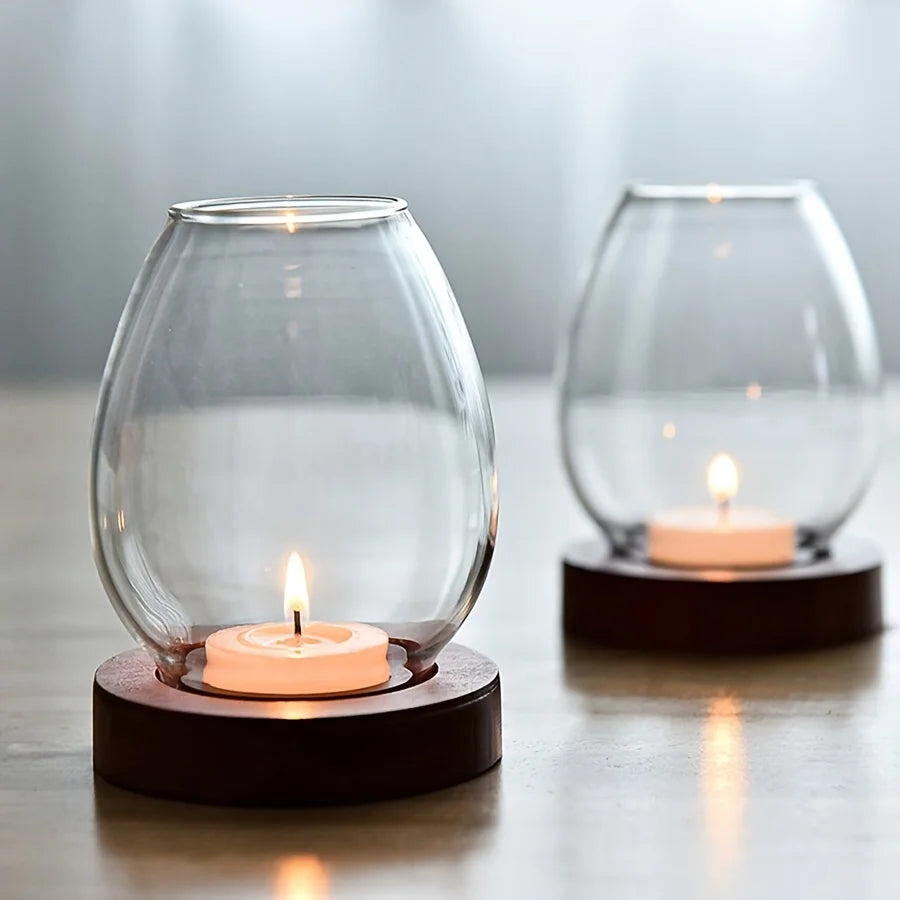Glass Candle Holder with Wooden Base