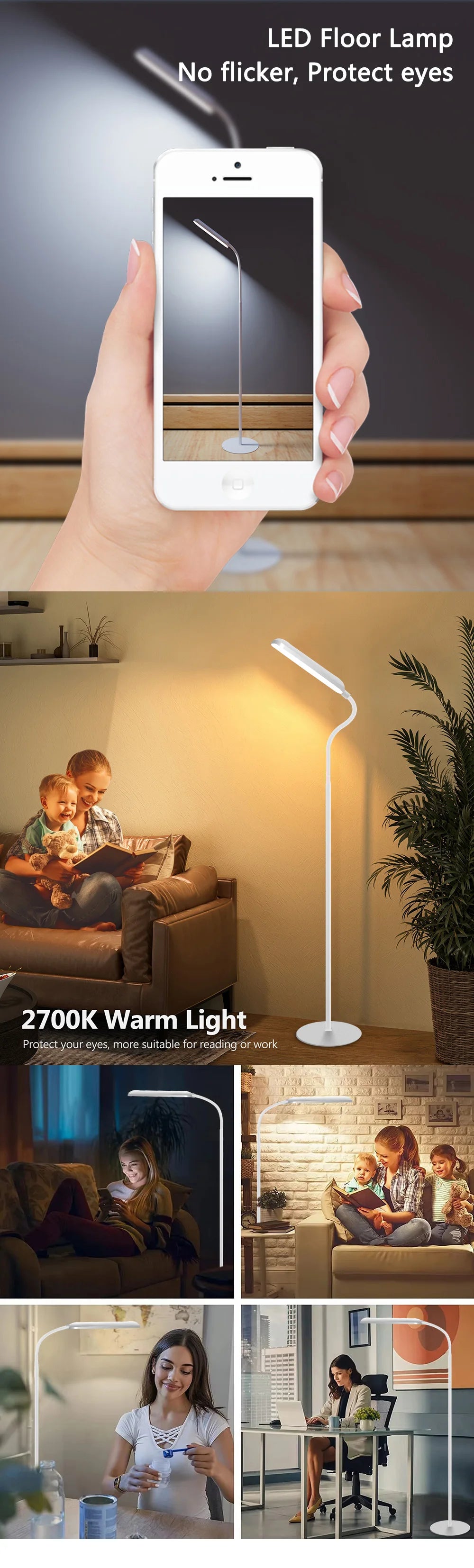 LED Floor Lamp For Living Room Adjustable Gooseneck Stand Light Remote Dimmable Indoor Bedroom Standing Reading Work Light