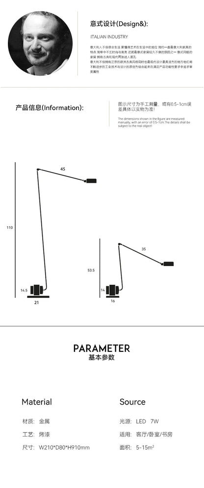 Modern Italian Design Floor Lamp Simple Retro Style Living Room Study Adjustable Swing Arm Reading Table Lamp Home Decor LED