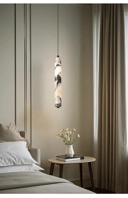 Luxury Stone Cylinder Pendant Lamp – High-End LED Chandelier for Bedroom & Living Room