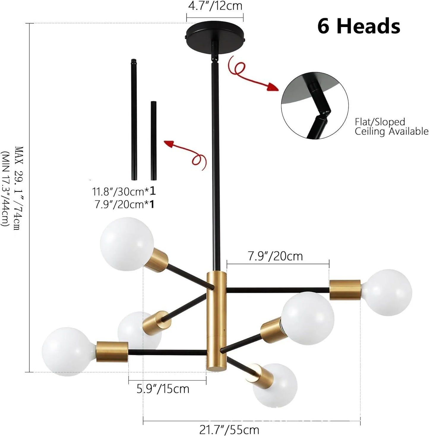 Multi-Head Chandelier – Modern Gold & Black LED Ceiling Light for Living & Dining Room