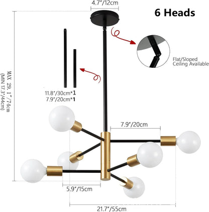 Multi-Head Chandelier – Modern Gold & Black LED Ceiling Light for Living & Dining Room