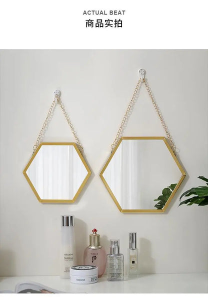 Nordic Iron Hexagonal Wall-mounted Mirror for Bathroom, Dormitory, Washbasin, Wall-mounted Makeup Mirror