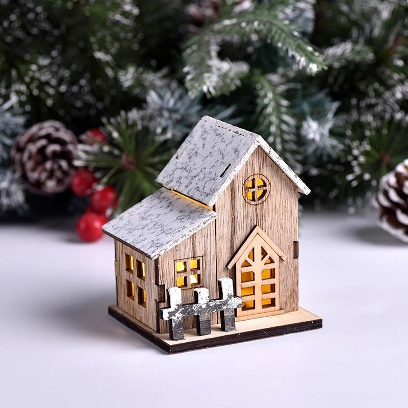 Casa de madera de luz LED navideña cabina luminosa decoraciones de Feliz Navidad para el hogar adornos de árbol de Navidad DIY regalos de niños Año Nuevo
