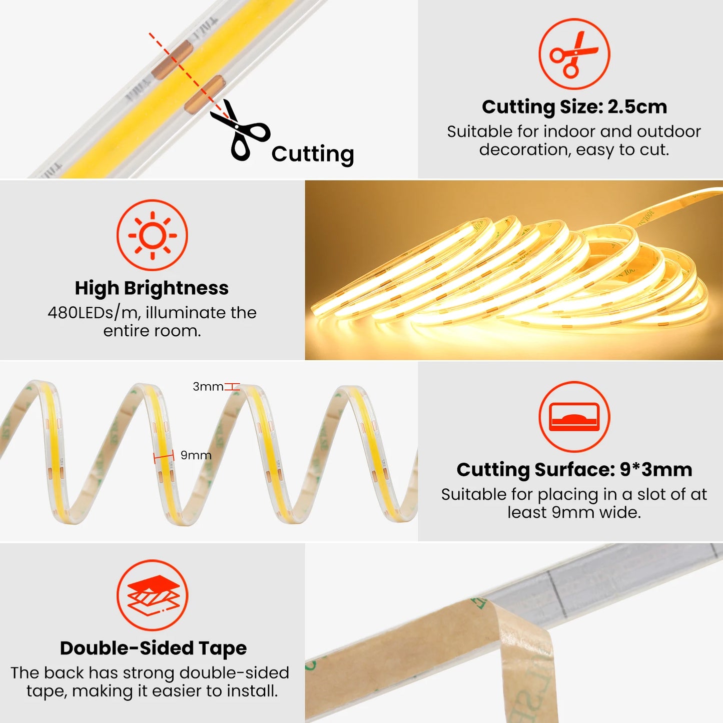 DC 24V 480LEDs/m Solar COB LED Strip Light Outdoor Waterproof Warm Natural White Flexible Adhensive Tape RA90 Linear Lighting