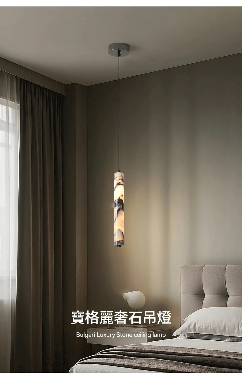 Luxury Stone Cylinder Pendant Lamp – High-End LED Chandelier for Bedroom & Living Room