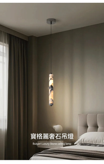 Luxury Stone Cylinder Pendant Lamp – High-End LED Chandelier for Bedroom & Living Room