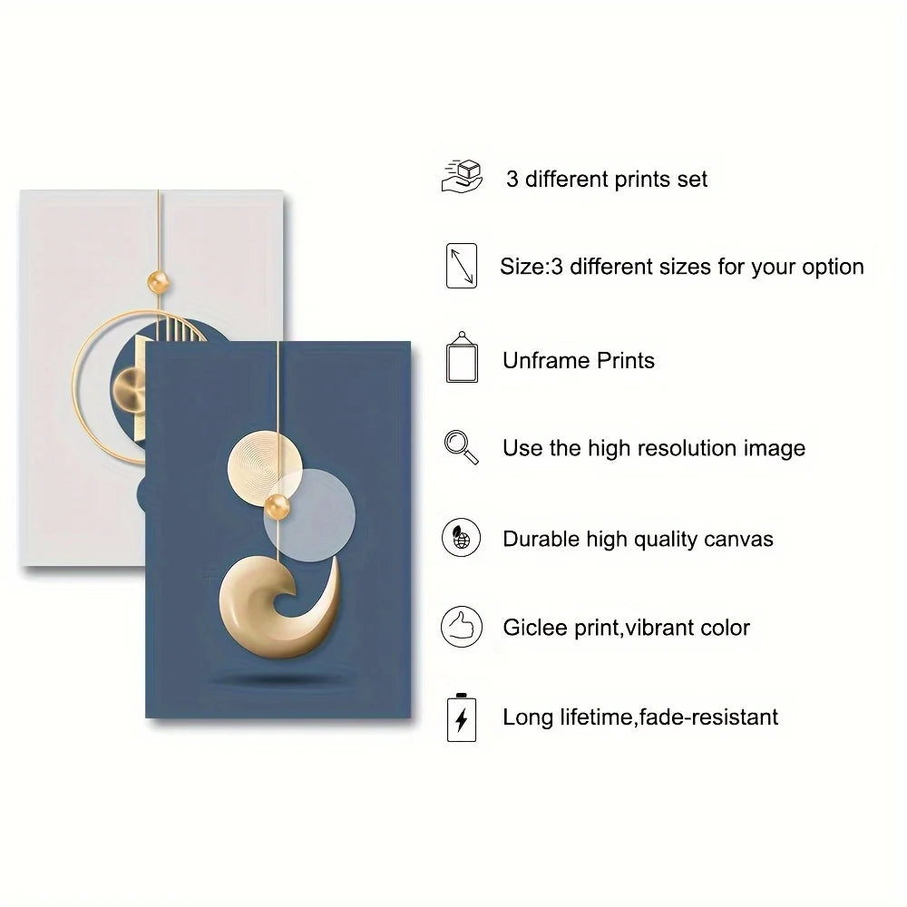 Gold & Blue Abstract Art Prints — Set of 3