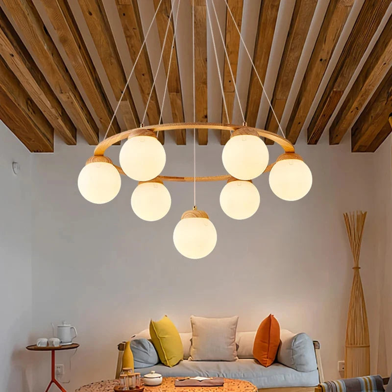 Nordic Wood Ring Chandelier – Modern LED Pendant Light for Dining Room & Living Room