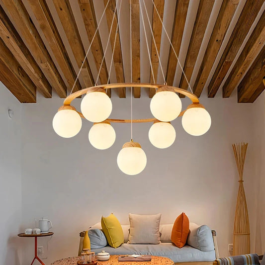 Nordic Wood Ring Chandelier – Modern LED Pendant Light for Dining Room & Living Room