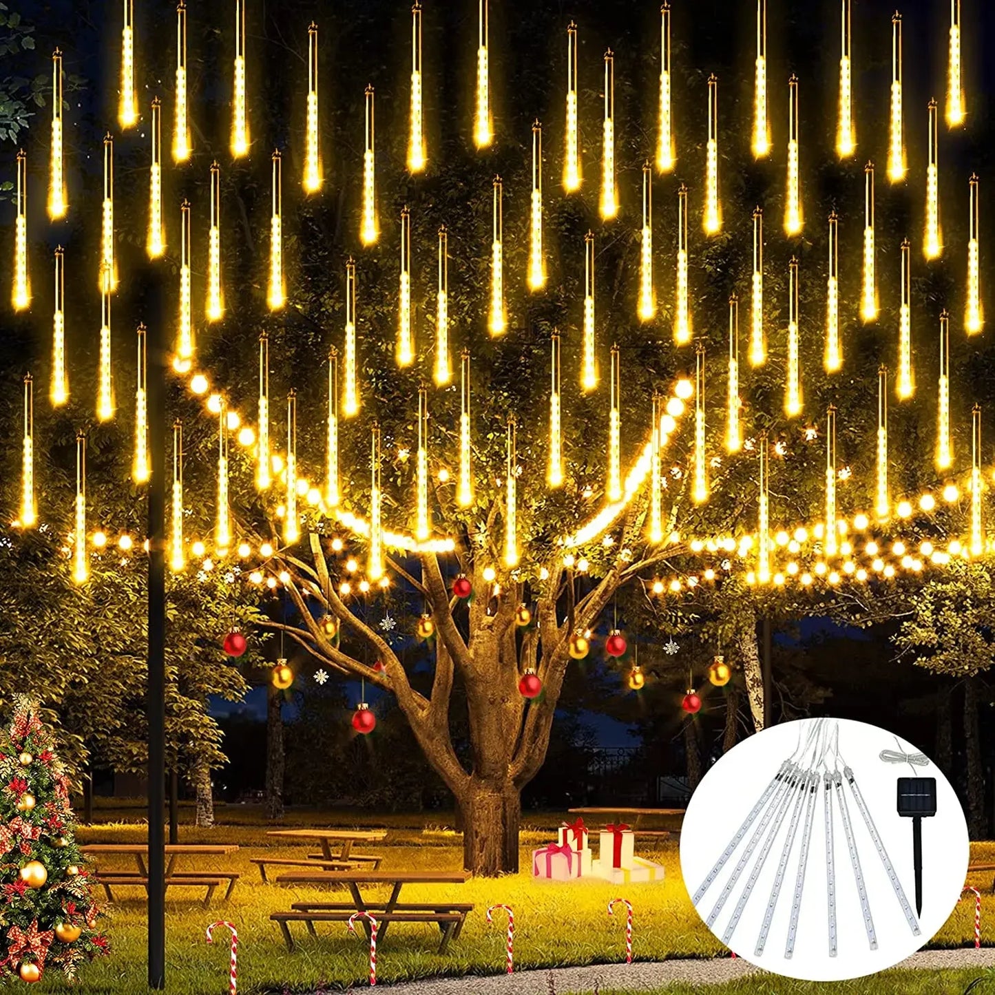 Solar Meteor Shower Lights Outdoor Meteor Lights 10Tubes Waterproof LED Falling Raindrop Christmas Halloween Fairy String Lights