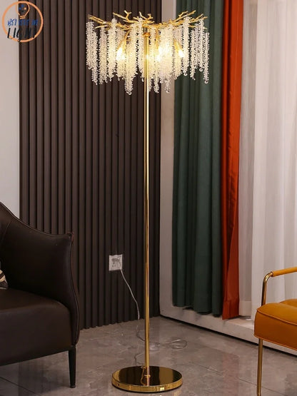 Nordic Luxury Crystal Floor Lamp - Modern Gold LED Stand Light for Living Room & Bedroom | Indoor Decor Lighting Fixture