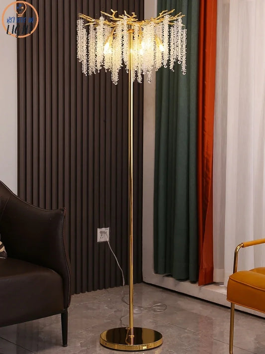 Nordic Luxury Crystal Floor Lamp - Modern Gold LED Stand Light for Living Room & Bedroom | Indoor Decor Lighting Fixture