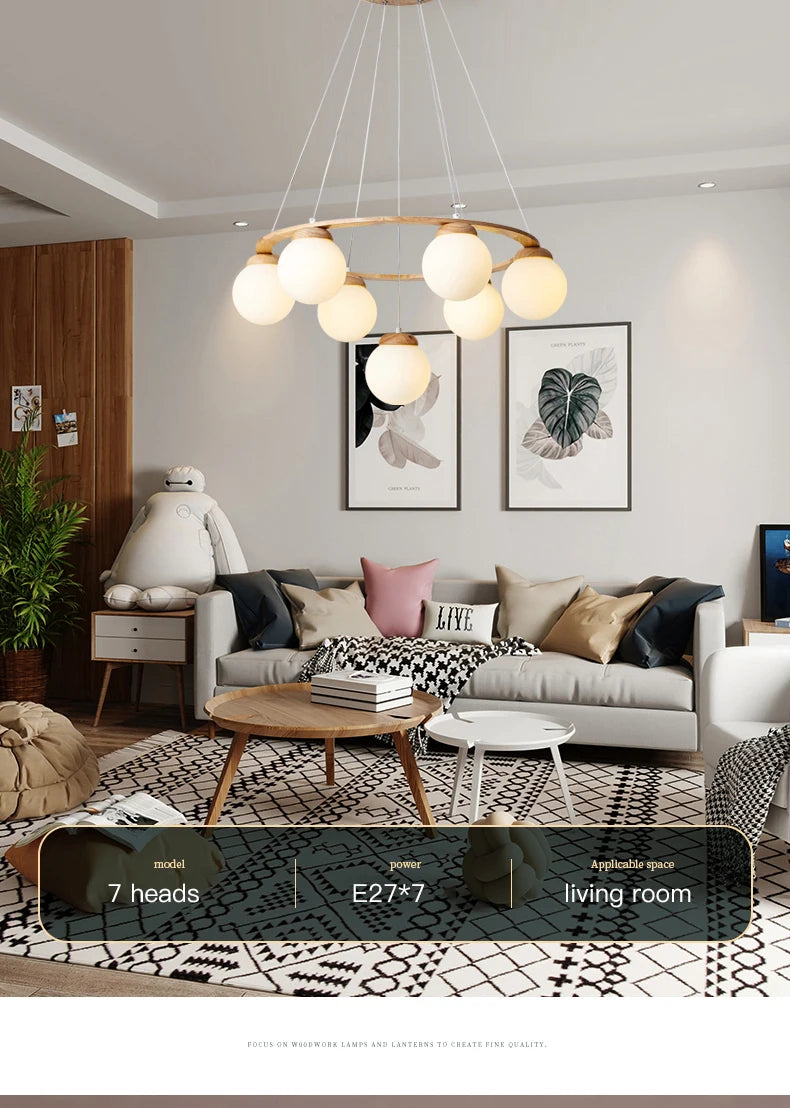Nordic Wood Ring Chandelier – Modern LED Pendant Light for Dining Room & Living Room