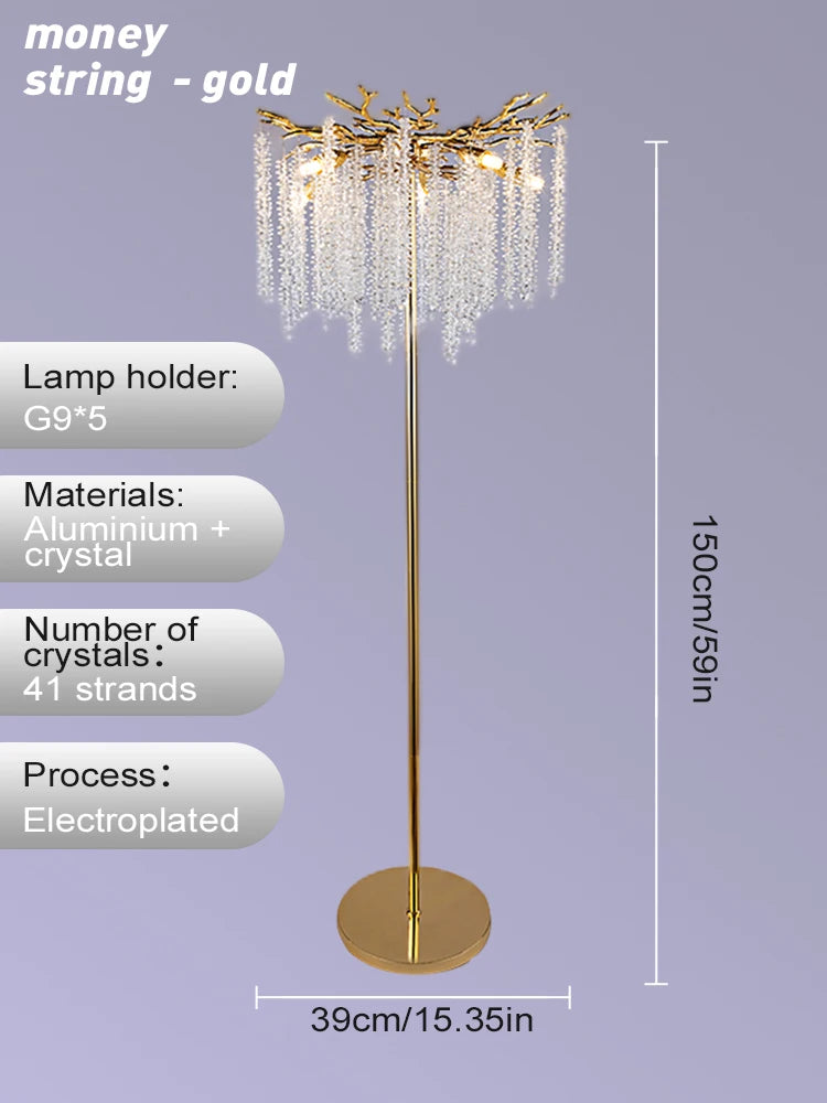 Nordic Luxury Crystal Floor Lamp - Modern Gold LED Stand Light for Living Room & Bedroom | Indoor Decor Lighting Fixture