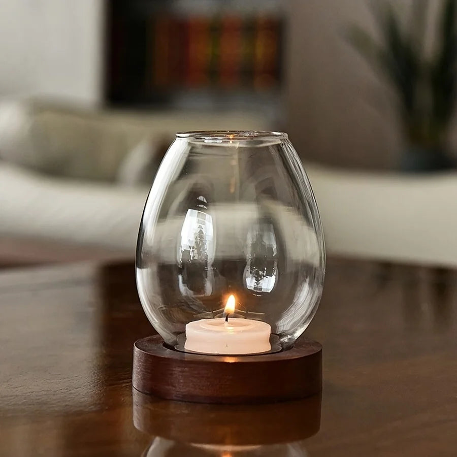 Glass Candle Holder with Wooden Base