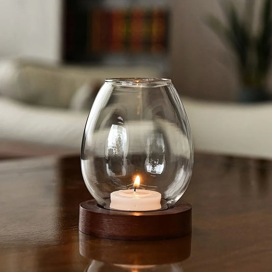 Glass Candle Holder with Wooden Base