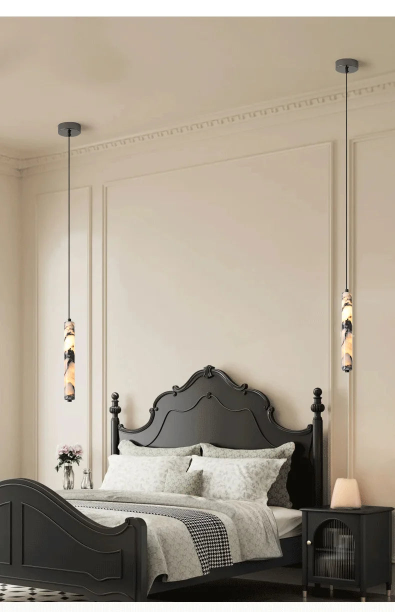 Luxury Stone Cylinder Pendant Lamp – High-End LED Chandelier for Bedroom & Living Room