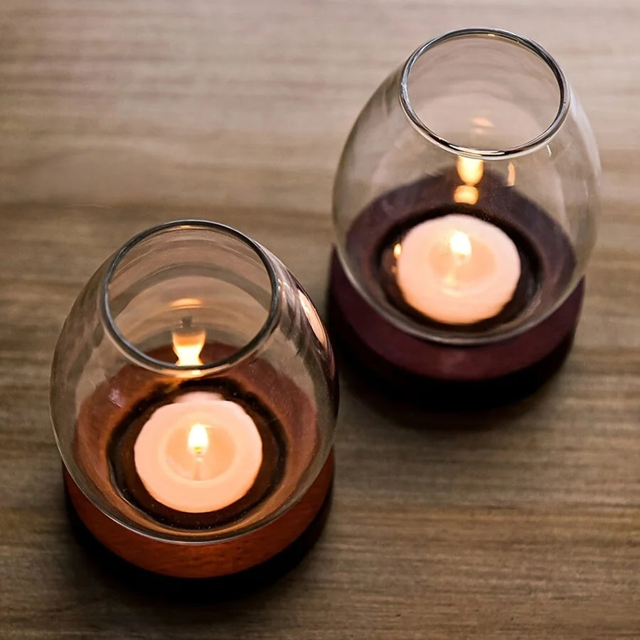 Glass Candle Holder with Wooden Base