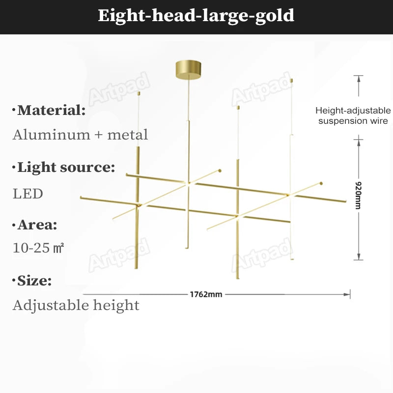 Italian Designer Tube Chandelier – Post-Modern LED Gold & Chrome Pendant Light