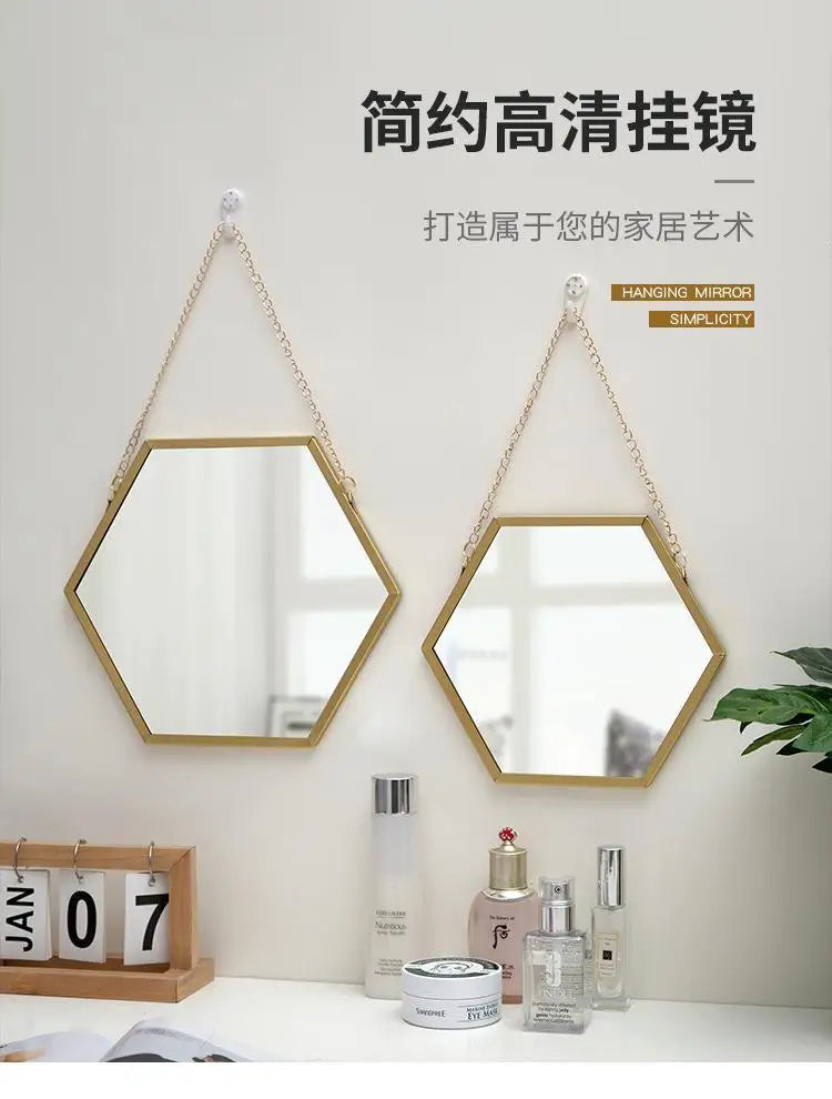 Nordic Iron Hexagonal Wall-mounted Mirror for Bathroom, Dormitory, Washbasin, Wall-mounted Makeup Mirror