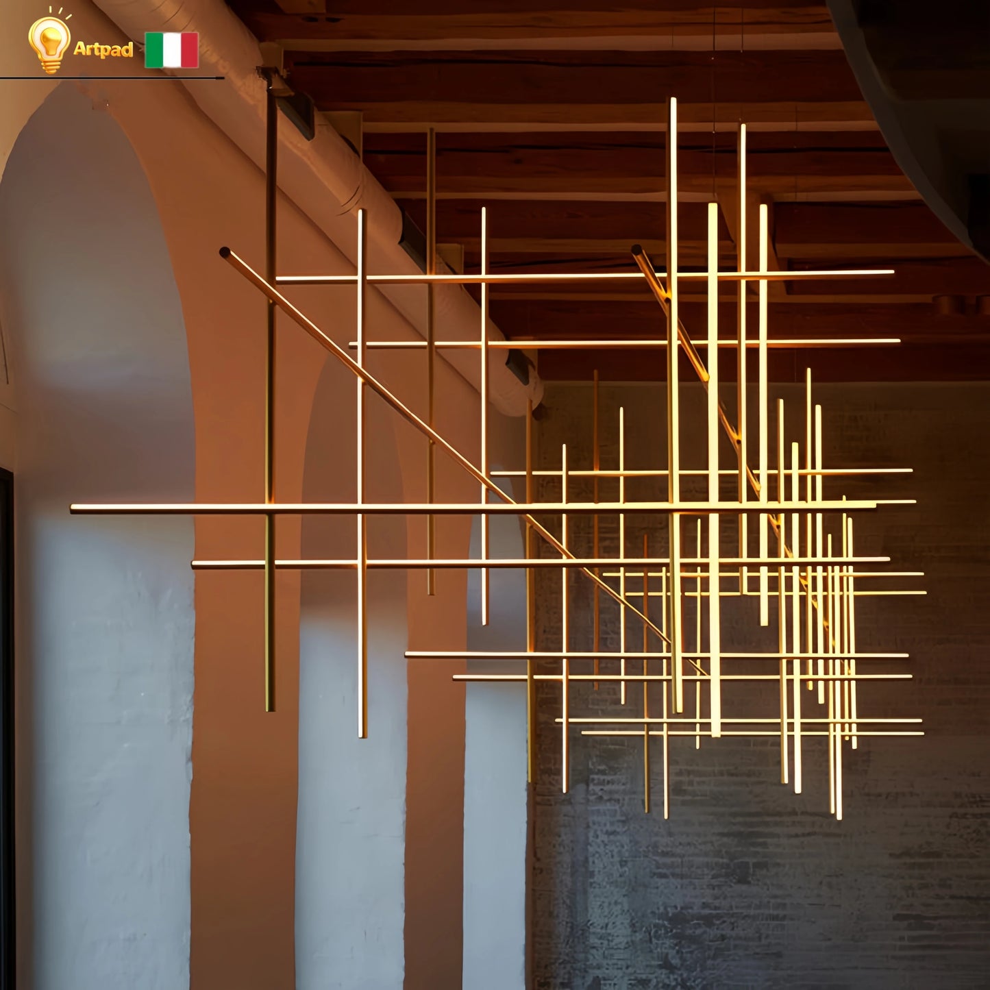 Italian Designer Tube Chandelier – Post-Modern LED Gold & Chrome Pendant Light