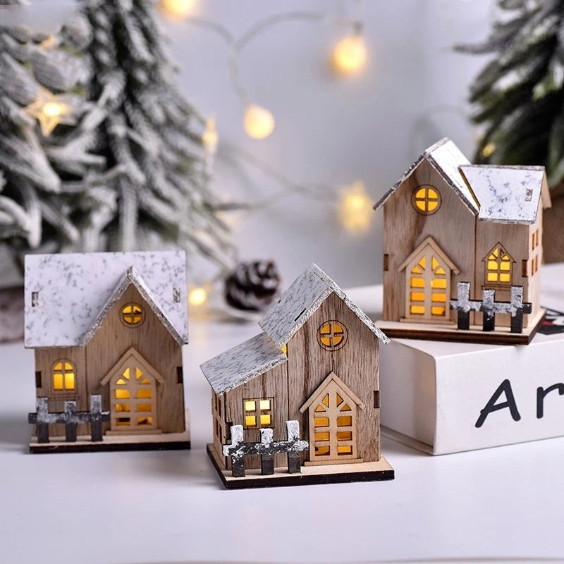 Casa de madera de luz LED navideña cabina luminosa decoraciones de Feliz Navidad para el hogar adornos de árbol de Navidad DIY regalos de niños Año Nuevo