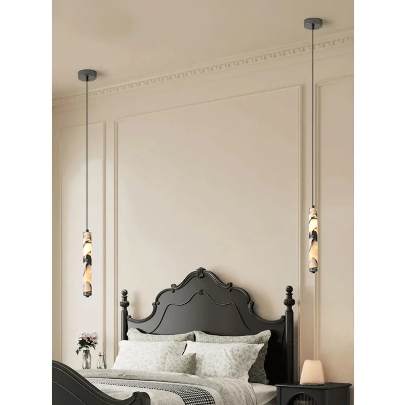 Luxury Stone Cylinder Pendant Lamp – High-End LED Chandelier for Bedroom & Living Room