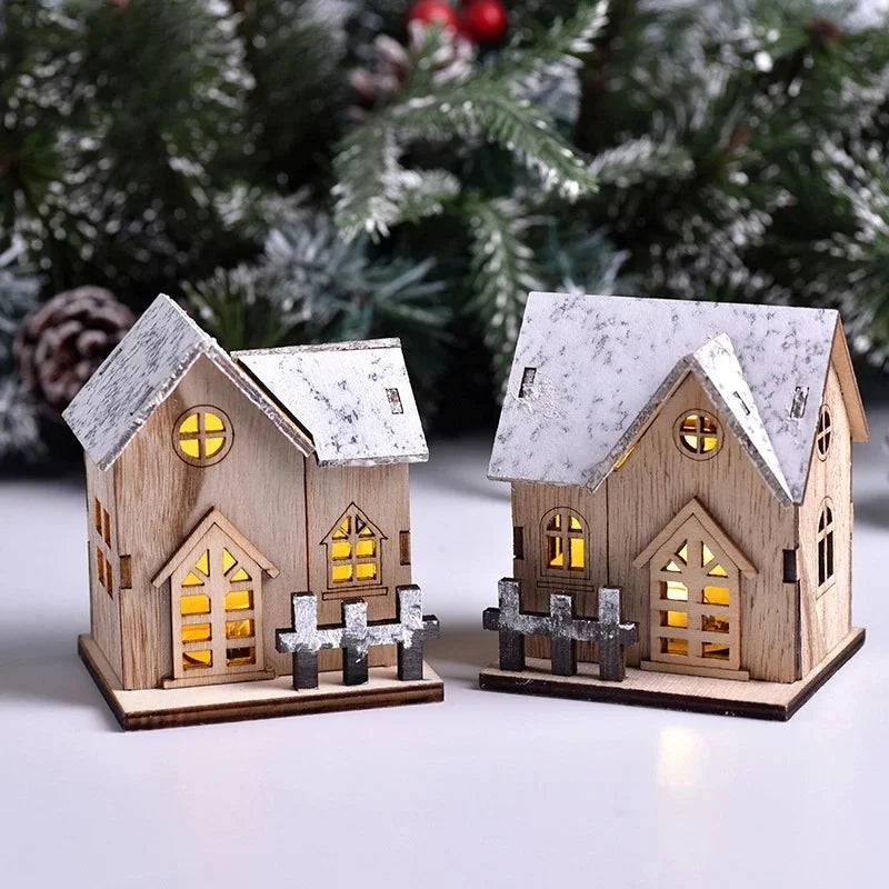Casa de madera de luz LED navideña cabina luminosa decoraciones de Feliz Navidad para el hogar adornos de árbol de Navidad DIY regalos de niños Año Nuevo