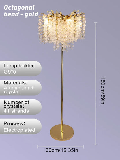Nordic Luxury Crystal Floor Lamp - Modern Gold LED Stand Light for Living Room & Bedroom | Indoor Decor Lighting Fixture