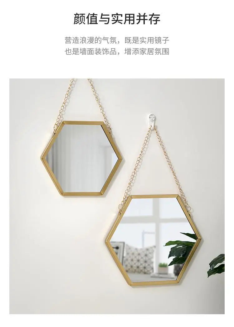 Nordic Iron Hexagonal Wall-mounted Mirror for Bathroom, Dormitory, Washbasin, Wall-mounted Makeup Mirror