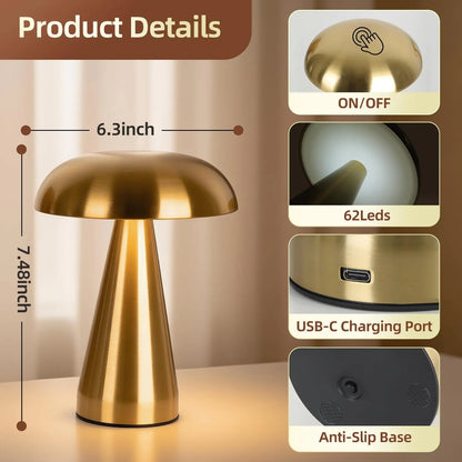Retro Mushroom LED Table Lamp – Rechargeable Touch Bedside Light