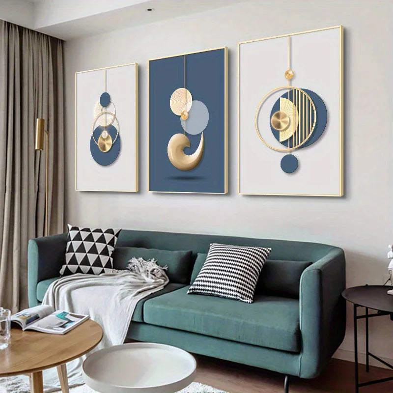 Gold & Blue Abstract Art Prints — Set of 3