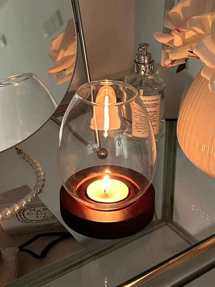 Glass Candle Holder with Wooden Base