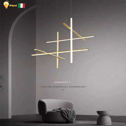 Italian Designer Tube Chandelier – Post-Modern LED Gold & Chrome Pendant Light